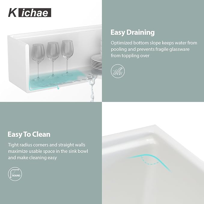 Kichae 33 White Farmhouse Sink Workstation - 33 x 20 Flat Apron Front Farmhouse Kitchen Sink Farm Farmer Porcelain Fireclay Ceramic Ledge Workstation Single Bowl Basin