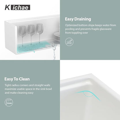 Kichae 33 White Farmhouse Sink Workstation - 33 x 20 Flat Apron Front Farmhouse Kitchen Sink Farm Farmer Porcelain Fireclay Ceramic Ledge Workstation Single Bowl Basin