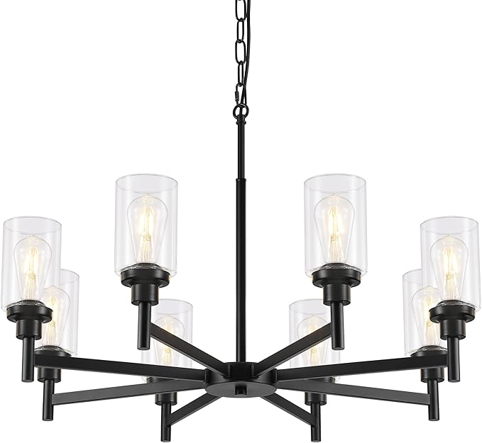 8-Light Farmhouse Glass Chandelier, Modern Black Chandelier for Dining Room Island Lights Industrial Hanging Foyer Lighting Fixtures Chandeliers for Entryway Kitchen Living Room Adjustable Height