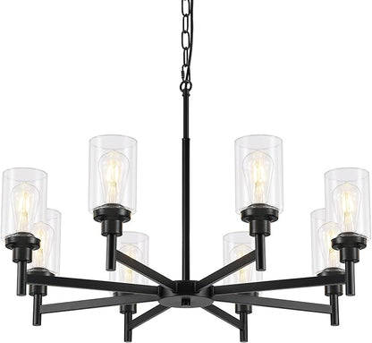 8-Light Farmhouse Glass Chandelier, Modern Black Chandelier for Dining Room Island Lights Industrial Hanging Foyer Lighting Fixtures Chandeliers for Entryway Kitchen Living Room Adjustable Height