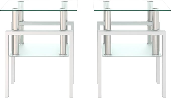Set of 2 Glass End Table, Glass Side Table with Tempered Glass Top & Metal Legs, Square Living Room Table Modern Tea Table Side Tables 2-Layer for Living Room Bedroom