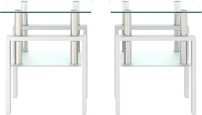 Set of 2 Glass End Table, Glass Side Table with Tempered Glass Top & Metal Legs, Square Living Room Table Modern Tea Table Side Tables 2-Layer for Living Room Bedroom