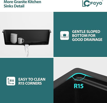 33 x 19 Inch Undermount Granite Composite Kitchen Sink Matte Black Quartz Workstation Single Bowl Deep Modern Design with Accessories