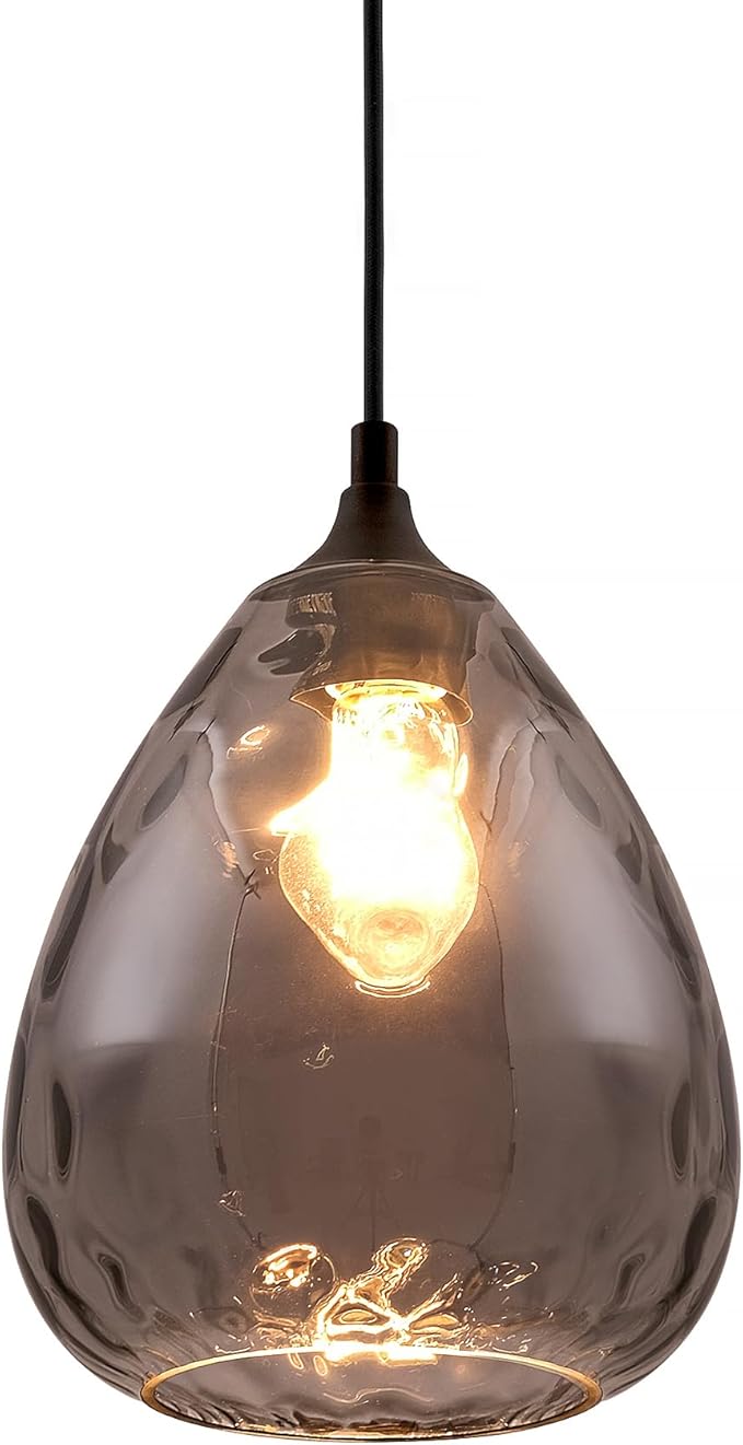 Smoked Hammered Glass Pendant Light with Matte Black Accent, Adjustable Hanging Lamp for Kitchen, Dining Room, and Living Room