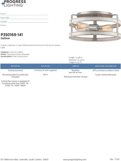 Progress Lighting Gulliver Collection 2-Light Whitewashed Farmhouse Flush Mount Ceiling Light, Galvanized, 6.50x14.37x14.37
