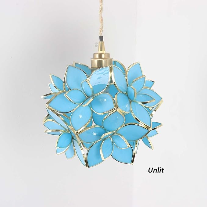 Bieye L11023 Petals Tiffany Style Stained Glass Ceiling Pendant Light for Home Decoration (Sky Blue, 8" Rose Lily)