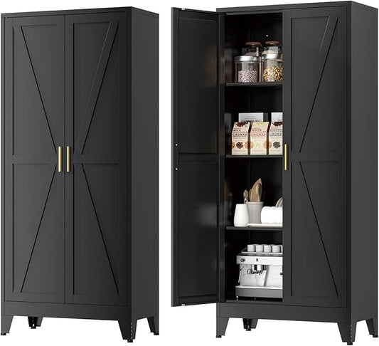 Farmhouse Pantry Cabinet with Barn Doors,61" H x 27.5" W,Metal Cabinet with Adjustable Shelves,4-Tier Storage Cabinet for Kitchen Dining Room Garage Office,Black 1 Pack
