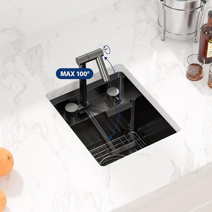 Sarlai Black Undermount Bar Sink With Foldable Faucet - 13x15 Inch Outdoor Black Kitchen Sink RV Workstation 16 Gauge Stainless Steel Single Bowl Handmade Outdoor BBQ Sinks with Lid