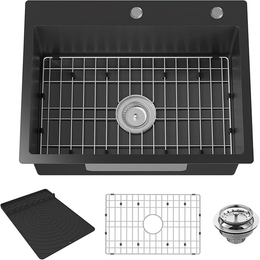 Black Kitchen Sink,24x18 Inch Kitchen Sink Stainless Steel Drop In Kitchen Sink Topmount Stylish and Modern Look Sink With Bottom Grid,Silicon Mat And Drain Assembly Add Elegance & Enhance Usability
