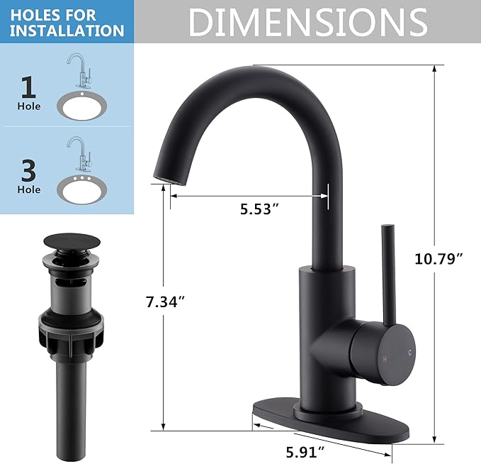 Black Bathroom Faucet | Matte Black Vanity Faucets with Pop-Up Drain, Modern Single Hole Bathroom Sink Faucets with Deck Plate Single Handle Lavatory Faucet 360° Swivel Spout Bar Sink Faucet
