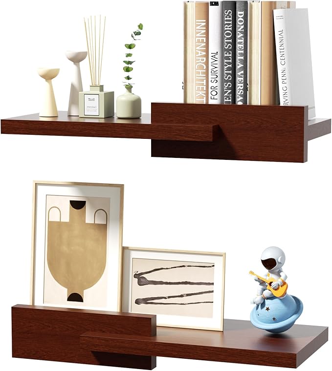 Floating Shelves for Wall, Set of 2 Rustic Wood 16 Inches Wall Mounted Shelves for Bathroom，Bedroom, Living Room &Kitchen, Heavy Duty Display Picture Ledge Shelf for Home Decor Storage Brown