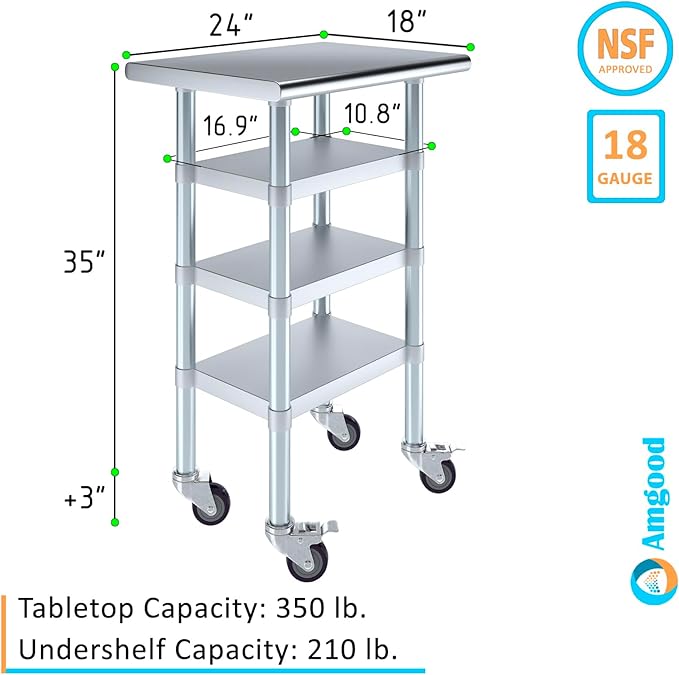 AmGood Stainless Steel Work Table with 3 Shelves and Casters | Kitchen Island Food Prep | Laundry Garage Utility Bench | NSF Certified (24" Long x 18" Deep)