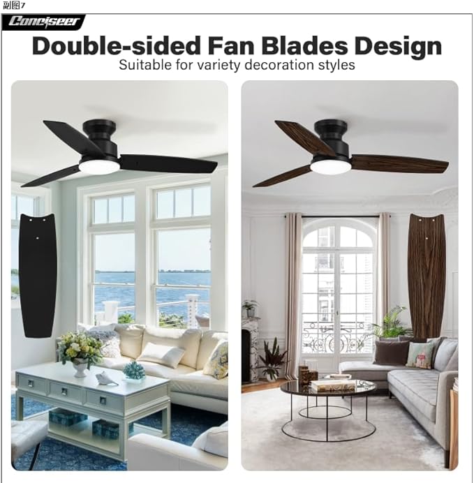 Conciseer Modern 42 Inch Ceiling Fans with Lights and Remote, Bedroom Living Room Office, Flush Mount, 18W 3CCT Dimmable, Dual Color 3 Blades 6 Speed Reversible Quiet DC Motor, Black/Wood Grain