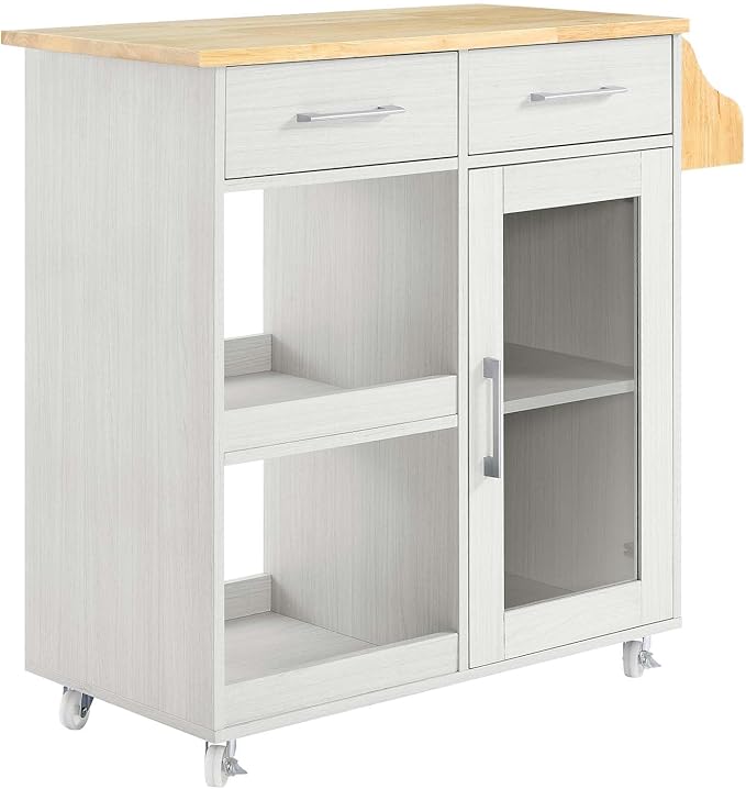 Modway Culinary Rolling Kitchen Cart with Storage in White Natural - 3 Tiers Kitchen Island on Wheels with Spice Rack, Functional as a Coffee Station, Bar Cabinet or Butcher Block Island