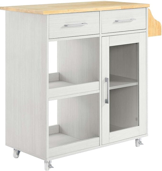 Modway Culinary Rolling Kitchen Cart with Storage in White Natural - 3 Tiers Kitchen Island on Wheels with Spice Rack, Functional as a Coffee Station, Bar Cabinet or Butcher Block Island