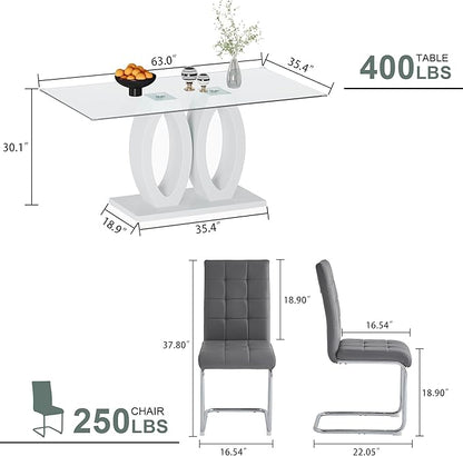 5-Piece Glass Dining Table Set, 63" White Kitchen Table with O-Shape MDF Base, Dining Room Set for 4 with 4 Leather Upholstered Chair for Kitchen, Dining Room (Gray,Silver)