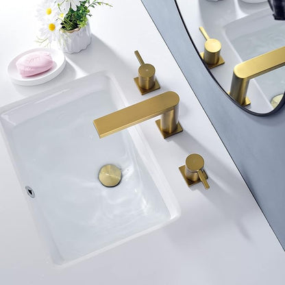 Luxury Brass Widespread Bathroom Sink Faucets for 3 Hole 2-Handle 8 Inch Deck Vanity Faucet & Stainless Steel Pop-up Drain Assembly, Brushed Brass Gold