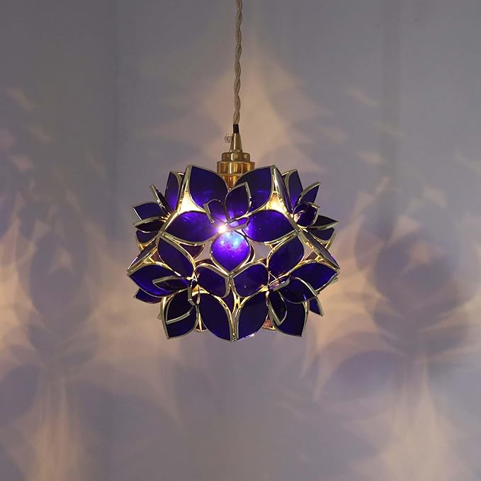 Bieye L11016 Petals Tiffany Style Stained Glass Ceiling Pendant Light for Home Decoration (Cobalt Blue, 8" Rose Lily)