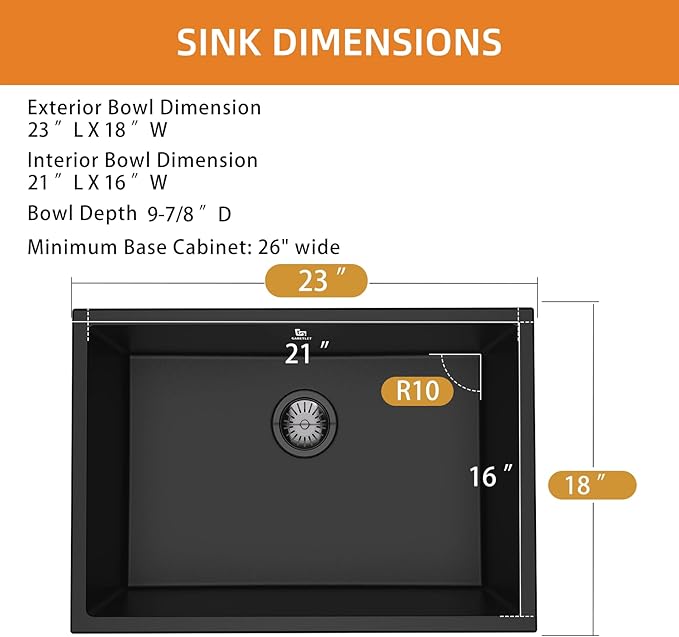 23-inch Granite Composite Kitchen Sink, GABETLET Undermount Quartz Kitchen Sinks with Spacious Workspace and Easy Cleaning, Black Single Bowl Deep Sink with Complete Accessories