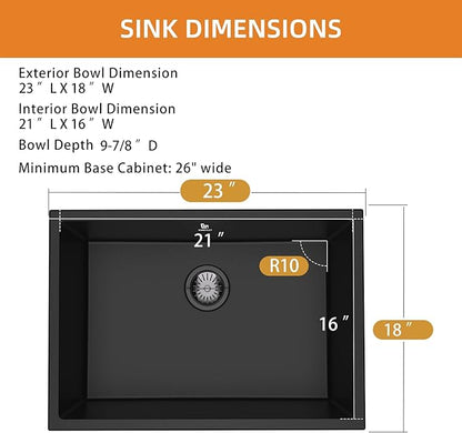 23-inch Granite Composite Kitchen Sink, GABETLET Undermount Quartz Kitchen Sinks with Spacious Workspace and Easy Cleaning, Black Single Bowl Deep Sink with Complete Accessories