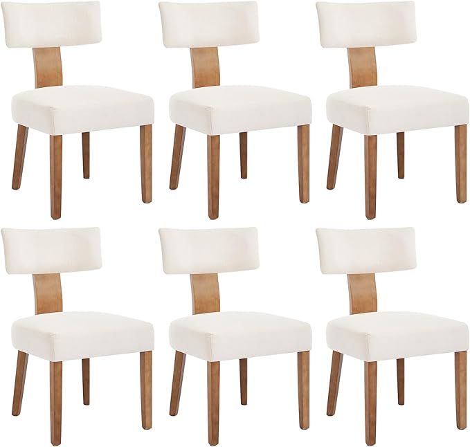 Mid Century Modern Dining Chairs, Upholstered Linen Fabric Chairs with Curved Backrest and Wood Legs, Comfy Kitchen Vanity Chairs for Dining Room/Living Room/Kitchen, Set of 6 Beige