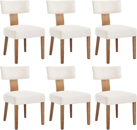 Mid Century Modern Dining Chairs, Upholstered Linen Fabric Chairs with Curved Backrest and Wood Legs, Comfy Kitchen Vanity Chairs for Dining Room/Living Room/Kitchen, Set of 6 Beige