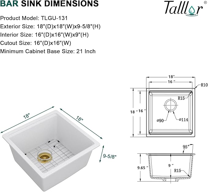 18 Inch Undermount Bar Sink Workstation - White Granite Composite All-In One Single Bowl Classic Quartz Wet Prep Sink with Cutting Board for Kitchen Bar, RV, Boat, and Outdoor, #TLGU-131