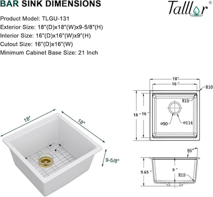 18 Inch Undermount Bar Sink Workstation - White Granite Composite All-In One Single Bowl Classic Quartz Wet Prep Sink with Cutting Board for Kitchen Bar, RV, Boat, and Outdoor, #TLGU-131