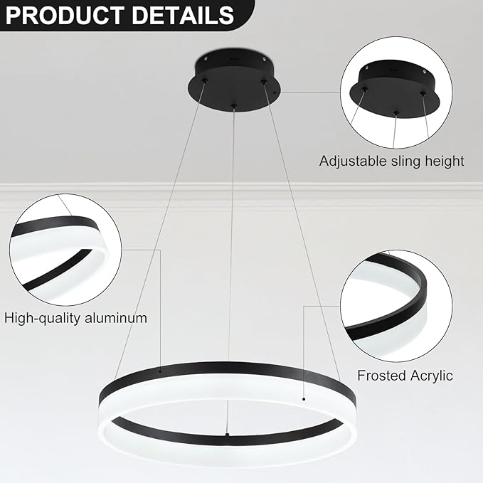 Buccleuch Modern LED Chandelier - Dimmable 19.7" Black Round Pendant Light, Height Adjustable UL-Certified Ceiling Light for Dining Room, Kitchen Island, Living Room, Bedroom, Foyer, 6500K