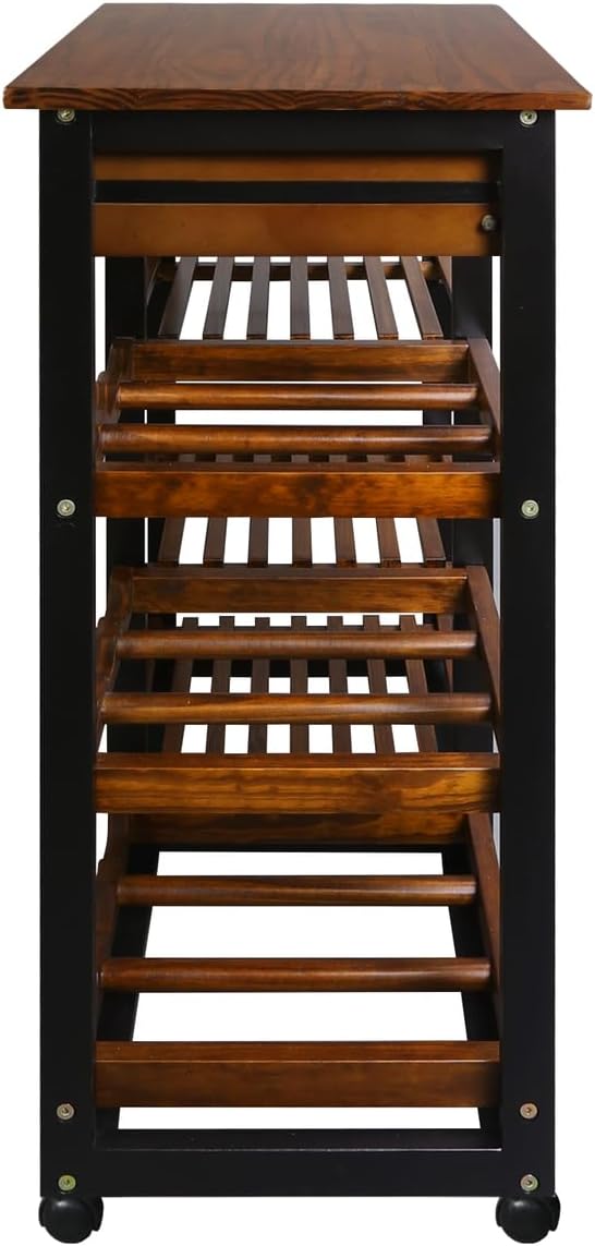 Casual Home Solid Wood 28" Wide l 4-Tier Rolling Kitchen Island Trolley with Wine Rack and Drawer, Mocha/Black