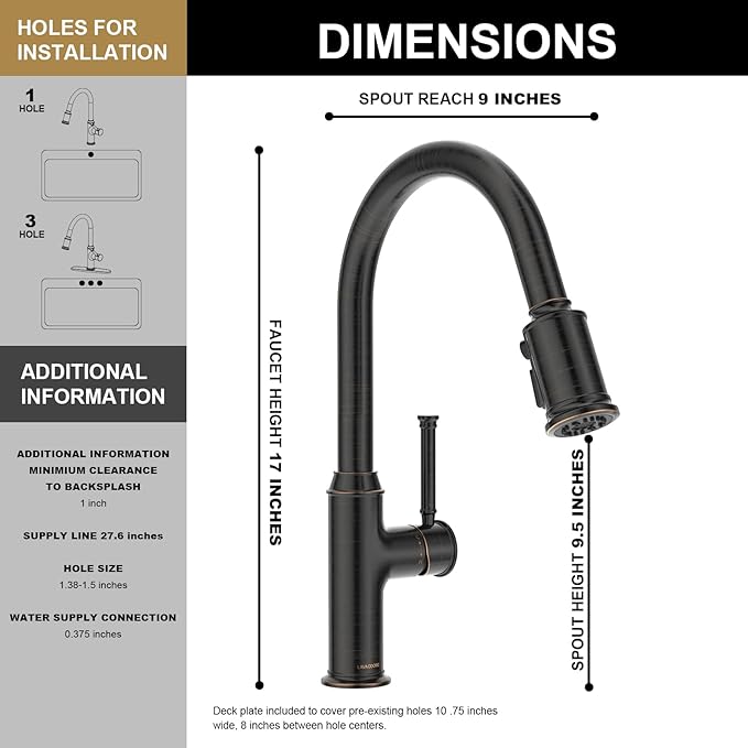 Lava Odoro Oil Rubbed Bronze Kitchen Faucet with Pull Down Sprayer, Single Hole Kitchen Sink Faucet, Single Handle Kitchen Faucet with 3-Function Magnetic Sprayer, Deck Plate Included, KF421-ORB-M
