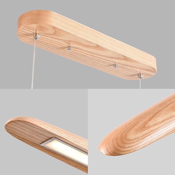 YISDESIGN 59" 40W Wood LED Linear Pendant Light Fixture Led Dining Room Light Dimmable Hanging Light Fixture for Dining Room Kitchen Island Pool Table Lights Natural Ash