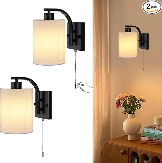Lightess Pull Chain Wall Sconces Set of 2, Hardwire Wall Light Fixture with ON/Off Switch, White Fabric Lighting for Bedroom Living Room, Black (Bulbs Not Included)