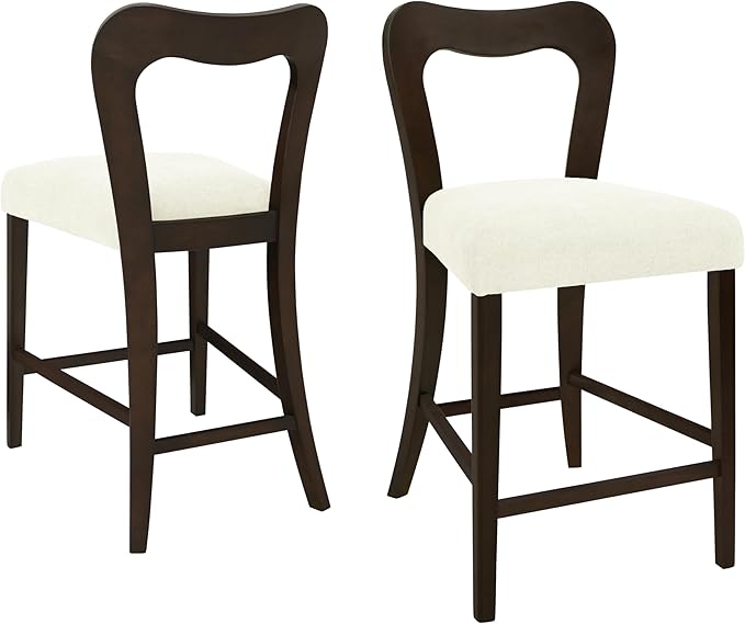 Counter Stools Without Arms Set of 2 (Dark Brown + Beige) - Solid Rubberwood Frame & Fabric Seat, Ergonomic Curved Back, 300LBS Capacity for Kitchen Island, Dining Room, Home Bar