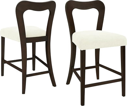 Counter Stools Without Arms Set of 2 (Dark Brown + Beige) - Solid Rubberwood Frame & Fabric Seat, Ergonomic Curved Back, 300LBS Capacity for Kitchen Island, Dining Room, Home Bar