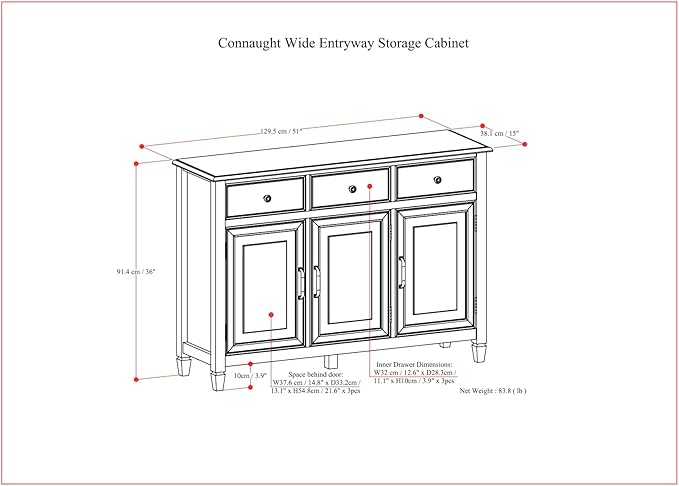 SIMPLIHOME Connaught 51-inch Wide Solid Wood Storage Cabinet in Chestnut Brown for the Entryway, Mudroom, 3 Drawers and Adjustable Shelves, Traditional Style, Space-Saving Design