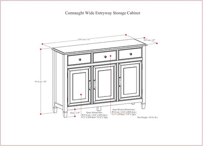 SIMPLIHOME Connaught 51-inch Wide Solid Wood Storage Cabinet in Chestnut Brown for the Entryway, Mudroom, 3 Drawers and Adjustable Shelves, Traditional Style, Space-Saving Design