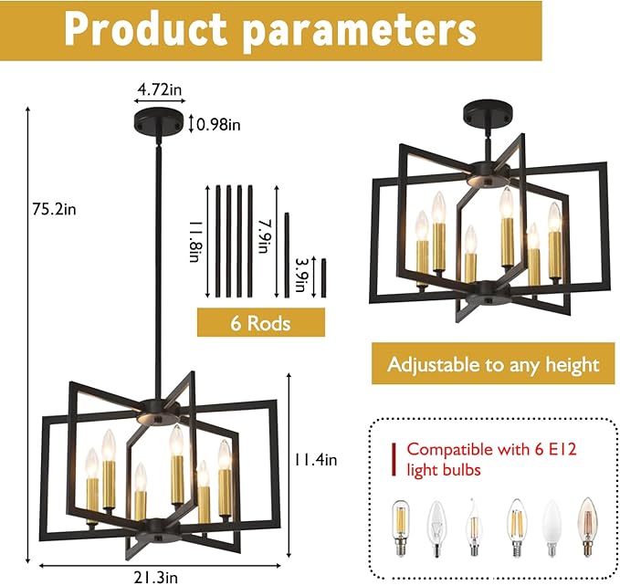 6-Light Black Chandelier for Dining Room Light Fixture Over Table Modern Geometric Industrial Meta Pendant Light Fixture Hanging Lighting for Dining Room,Living Rooms,Villas,Entryway