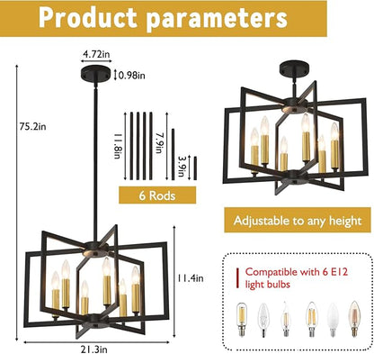 6-Light Black Chandelier for Dining Room Light Fixture Over Table Modern Geometric Industrial Meta Pendant Light Fixture Hanging Lighting for Dining Room,Living Rooms,Villas,Entryway