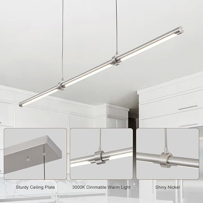 EDISLIVE Modern Linear LED Island Light Dimmable LED Chandelier 47.24 in Adjustable Linear Hanging Light Fixture 3000K 20W Pendant Light for Dinning Room Kitchen，Nickel