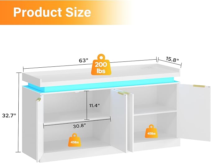 UNIQUITE 63" Sideboard Buffet Cabinet, Kitchen Buffet Cabinet Storage Cabinets with Power Outlets & LED Light, Modern Sideboard Coffee Bar Buffet Cabinets for Kitchen, Dinning, Living Room