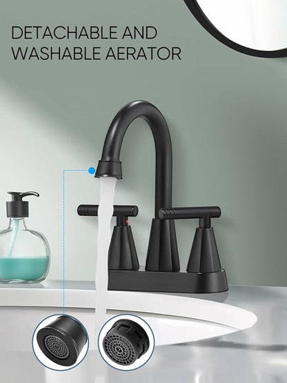 Cobbe Bathroom Faucets for Sink 3 Hole, 4 Inch with Pop Up Drain and 2 Supply Hoses, 2 Handle Centerset Bathroom Faucet for Sink Vanity, Midnight Black Matte