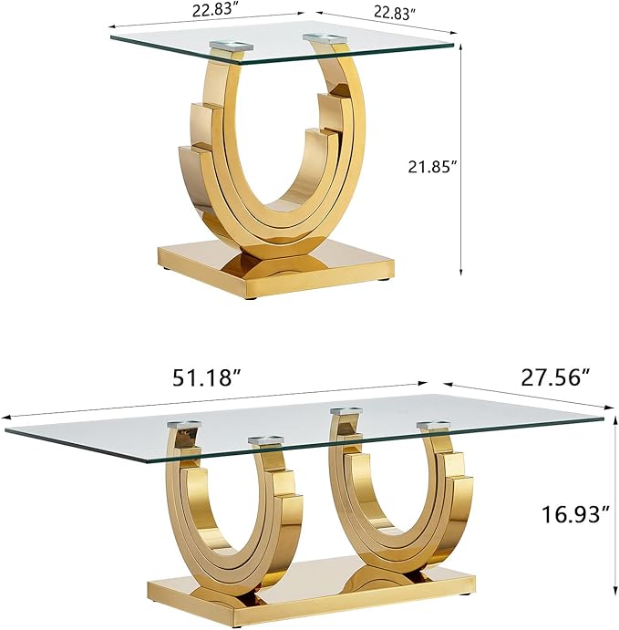 Glass Living Room Table Set of 2, Modern Glass Coffee Table with 1 End Tables Set for Apartment, Luxury Coffee Table Sets Perfect for Living Room, Stainless Steel Frame
