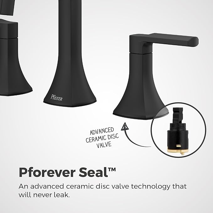 Pfister Vaneri Widespread Bathroom Sink Faucet 8 in 3 Hole 2 Handle Matte Black Finish NSF Certified Water Efficient Push & Seal Drain TiteSeal Technology LF049VRIBB