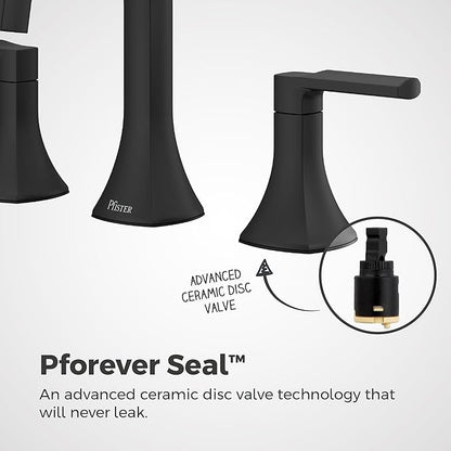 Pfister Vaneri Widespread Bathroom Sink Faucet 8 in 3 Hole 2 Handle Matte Black Finish NSF Certified Water Efficient Push & Seal Drain TiteSeal Technology LF049VRIBB