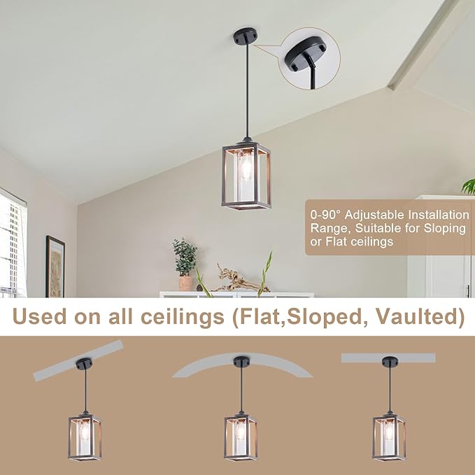 Farmhouse Pendant Light in Wood and Metal Cage, Rustic Pendant Light with Glass, Adjustable Hanging Light Fixtures, Mini Pendant Lighting for Kitchen Island, Hallway, Foyer (Square Brown-2 Pack)