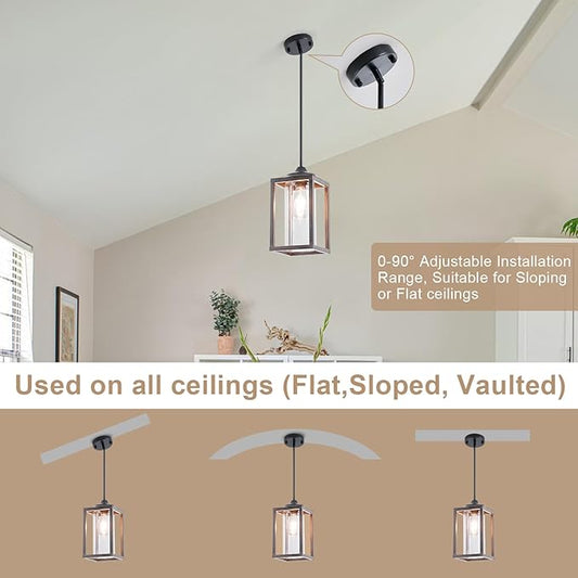 Farmhouse Pendant Light in Wood and Metal Cage, Rustic Pendant Light with Glass, Adjustable Hanging Light Fixtures, Mini Pendant Lighting for Kitchen Island, Hallway, Foyer (Square Brown-2 Pack)