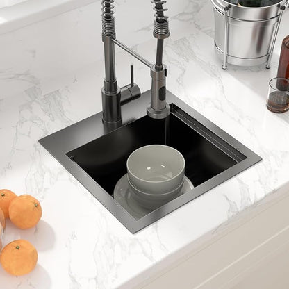 Sarlai Drop Bar Sink -15 Inch Black Outdoor Kitchen Sink Gunmetal Black Drop In Workstation 15 x 15 Topmount Stainless Steel 16 Gauge Single Bowl Kitchen Bar Prep RV Outdoor Sinks Basin