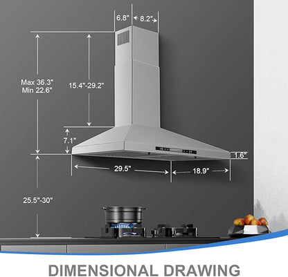 SNDOAS Wall Mount Range Hood 30 inch with Touch and Gesture Sensing Control,Chimney-Style Stainless Steel Range Hood,Vent Hood 30 inch Ducted/Ductless Convertible Kitchen Hood,Baffle Filters