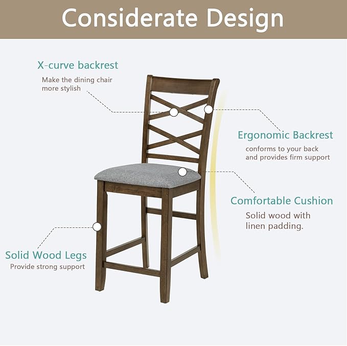 Set of 4 Dining Chairs, Wooden Kitchen Chairs with Padded Cushion, Upholstered Stools for Kitchen Island, Dining Room, Living Room, Easy Assembly (Walnut - Cross-backrest)